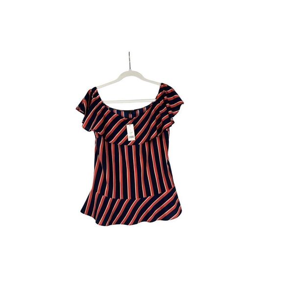 New! NWT Banana Republic Women's Off Shoulder Peplum Red Navy Striped Blouse Sma - Picture 2 of 11